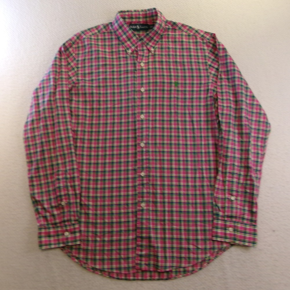 Ralph‎ Lauren Mens L Button Down Shirt Pink Green Plaid Long Sleeve Pony Logo